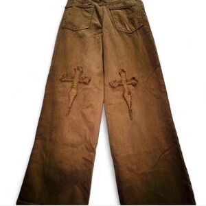 Archive-Style Oversized Wide-Leg Pants Brown Distressed Cross Detail Streetwear